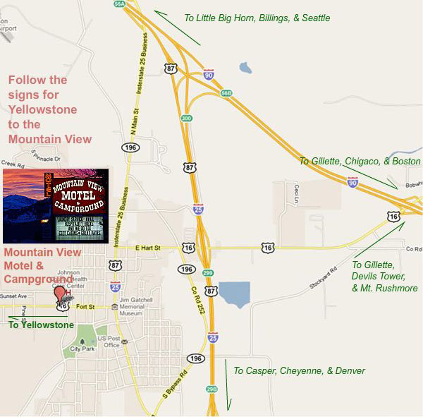 Map to the Mountain View Motel in Buffalo Wyoming near the Big Horn Range on the way from Mt Rushmore to Yellowstone National Park